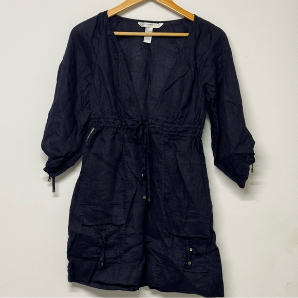 Diane von Furstenberg Soleil Swim Blue Linen Cover Up Beach Drawstring Plunge P - Picture 1 of 4